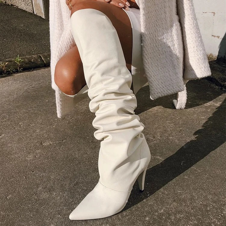 FSJ Stylish Pointed Toe Cone Heel Knee Slouch Boots
