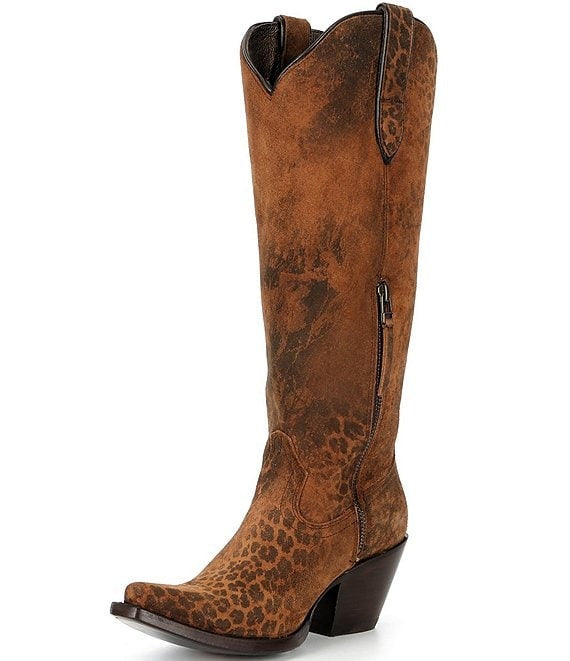 Women's Leather Distressed Leopard Print Tall Western Boots
