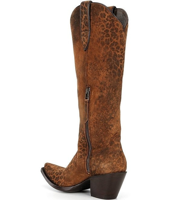 Women's Leather Distressed Leopard Print Tall Western Boots