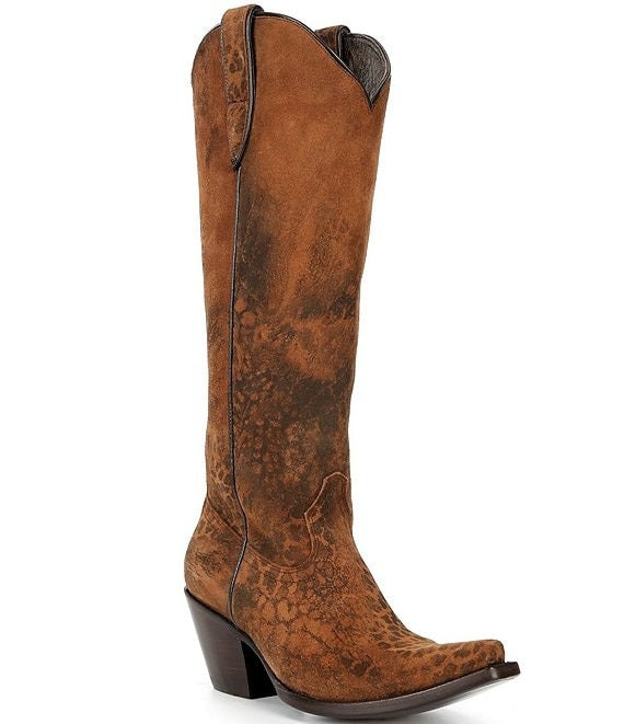 Women's Leather Distressed Leopard Print Tall Western Boots
