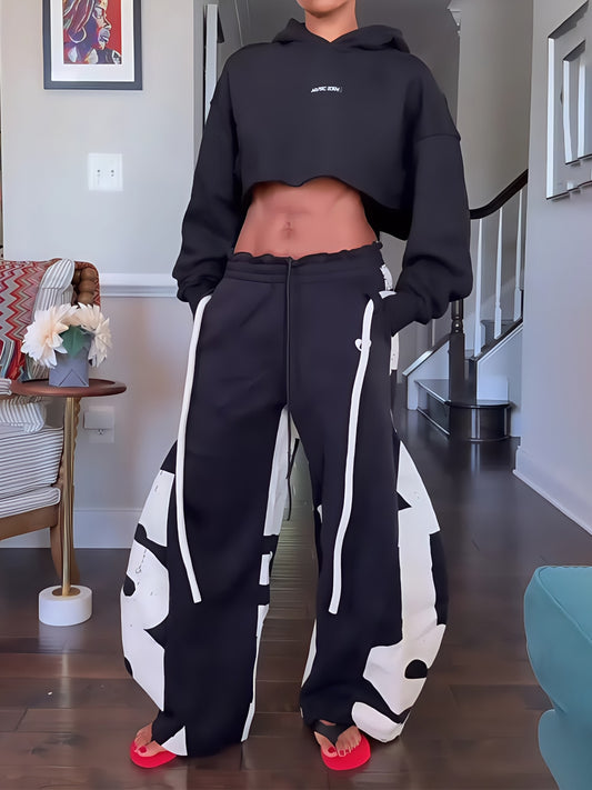 Elastic Waist Printed Hoodie & Lantern Trouser Suit