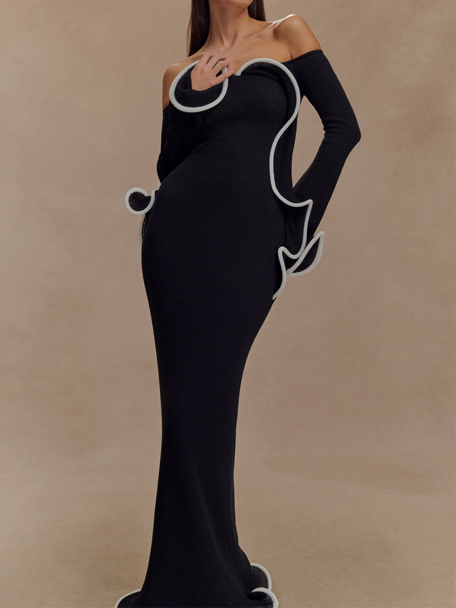 Off Shoulder Flared Sleeve Knit Maxi Dress