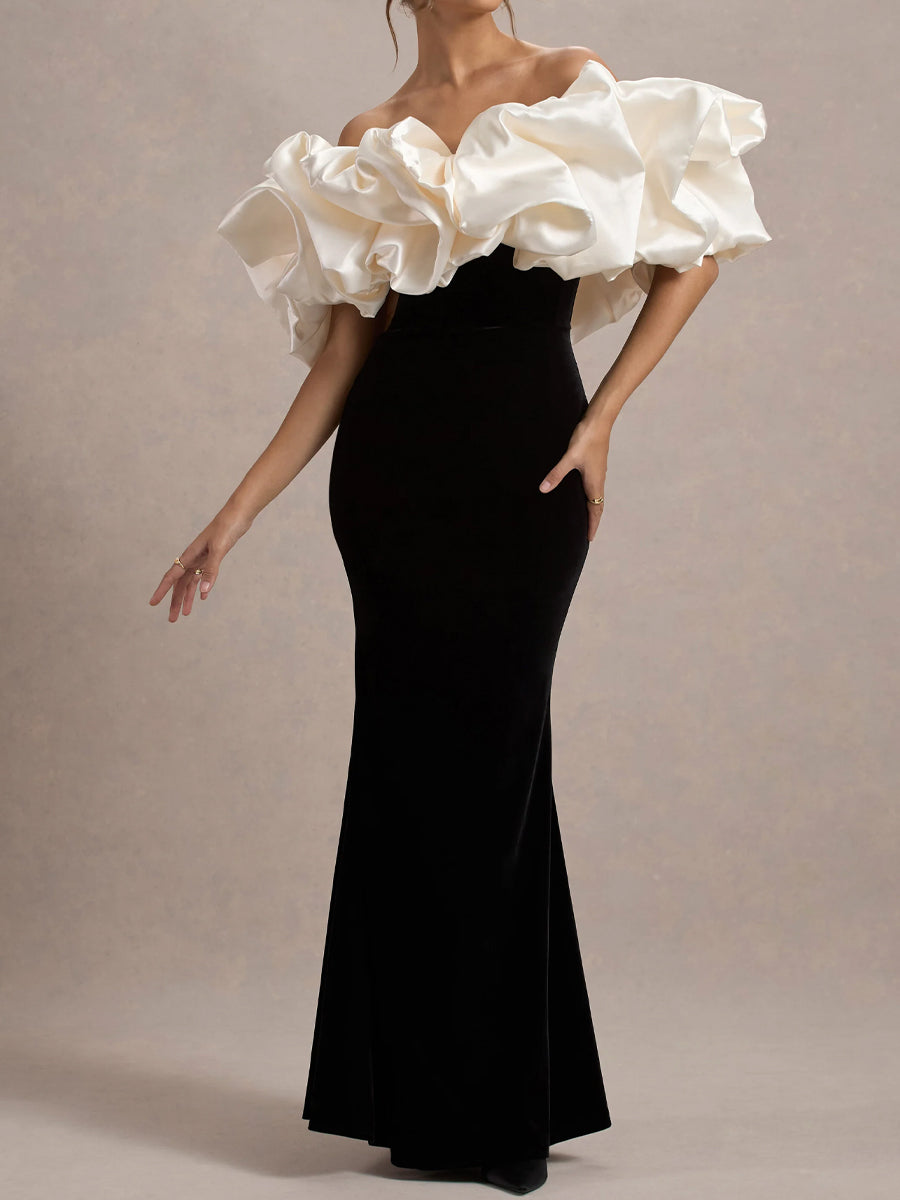 Ruffled Trim Patchwork Stretch Velvet Maxi Dress