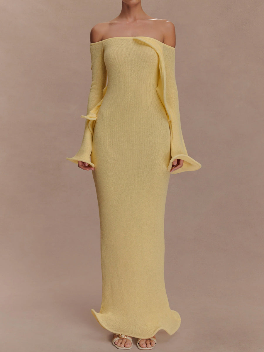 Off Shoulder Flared Sleeve Knit Maxi Dress