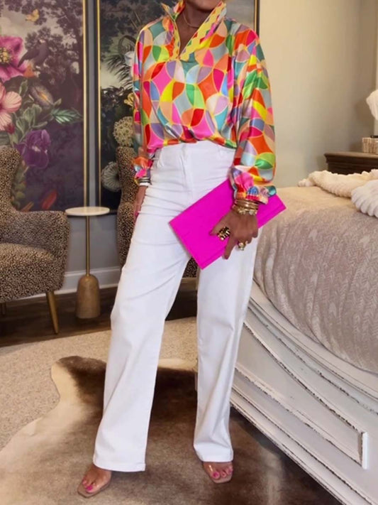 Stand Collar Printed Long Sleeve Top