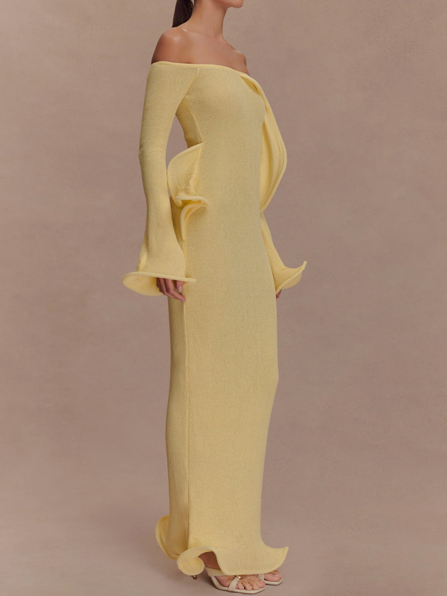 Off Shoulder Flared Sleeve Knit Maxi Dress