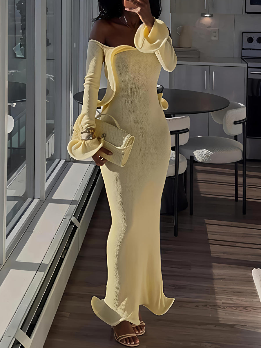 Off Shoulder Flared Sleeve Knit Maxi Dress
