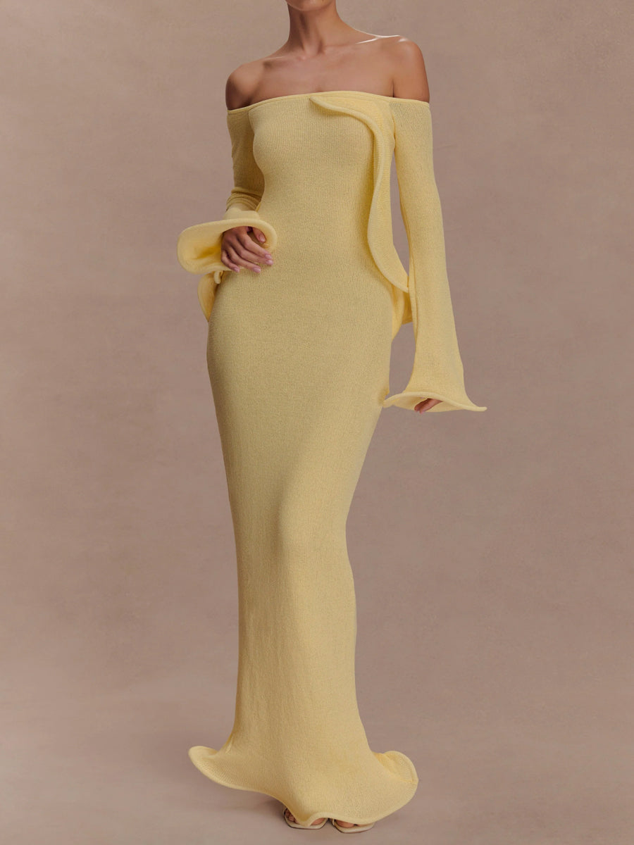 Off Shoulder Flared Sleeve Knit Maxi Dress