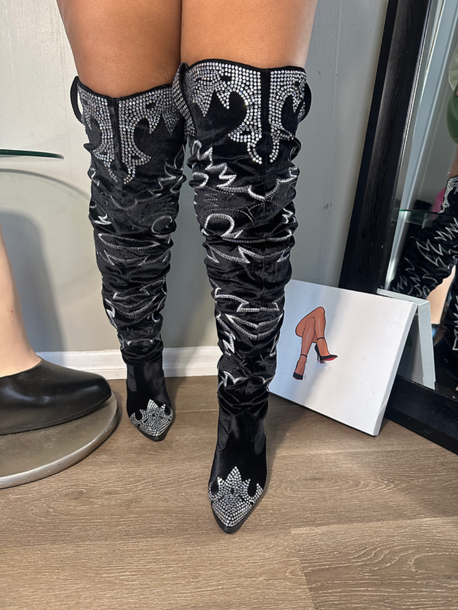 Velvet Rhinestone Embroidered Knee-high Boots