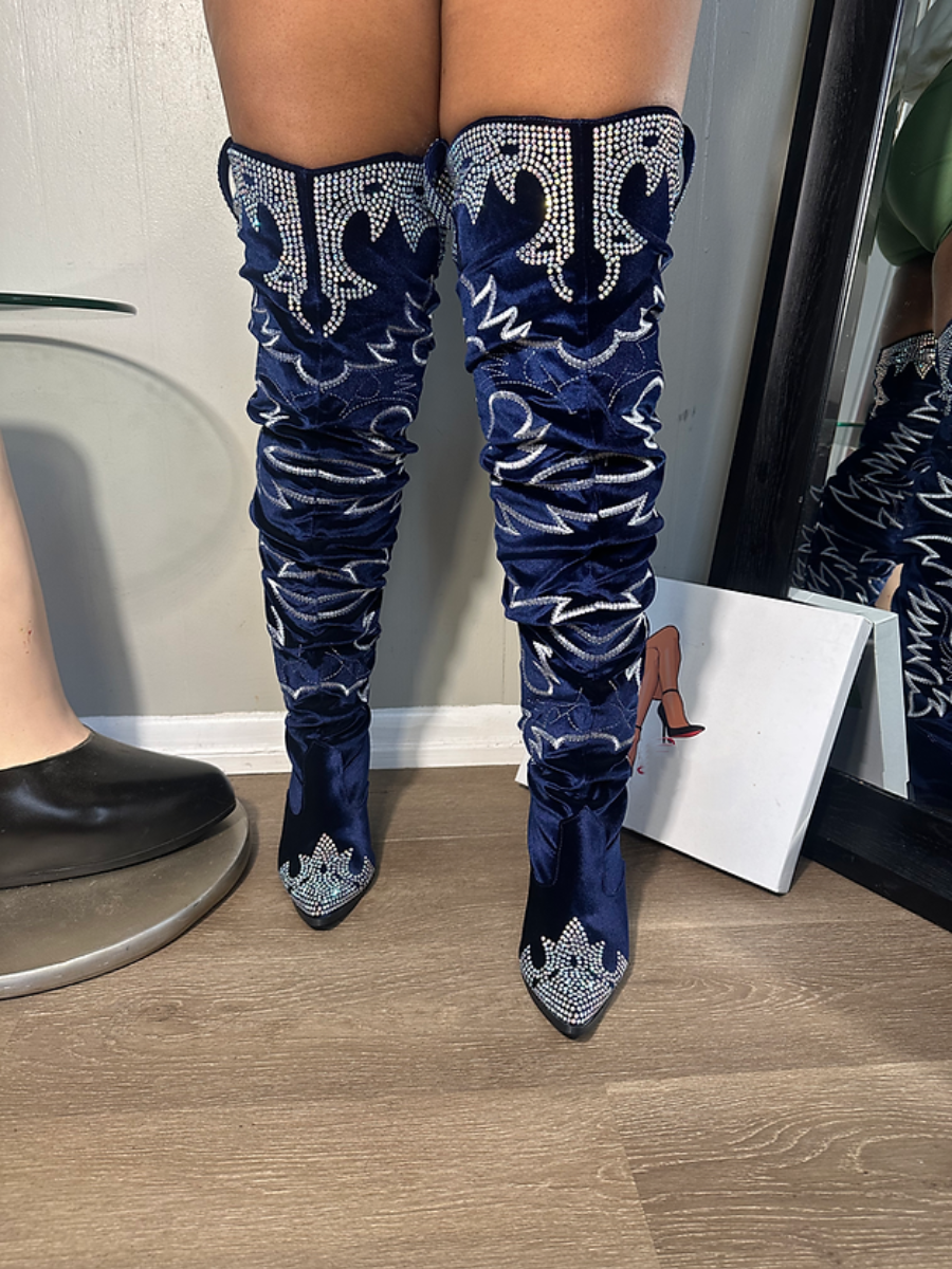 Velvet Rhinestone Embroidered Knee-high Boots